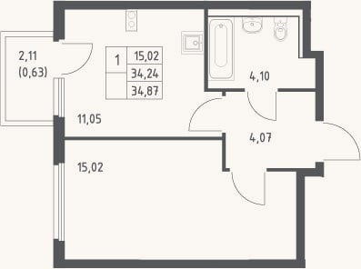 Планировка: 1-к, 34,2 м²