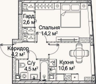 Планировка: 1-к, 36,2 м²