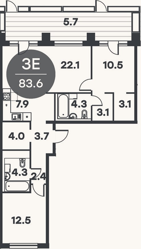 Планировка: 3-к, 82,4 м²