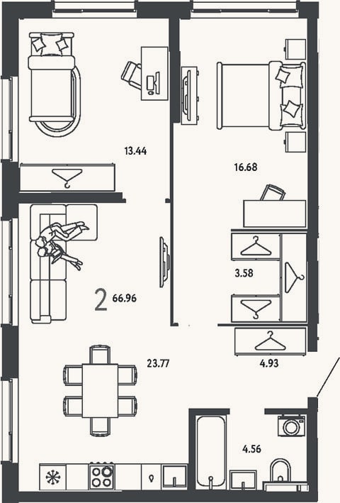 Планировка: 2-к, 67 м²