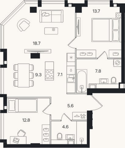 Планировка: 3-к, 79,6 м²