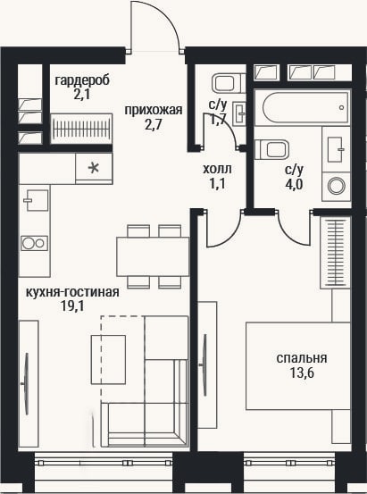 Планировка: 2-к, 44,3 м²