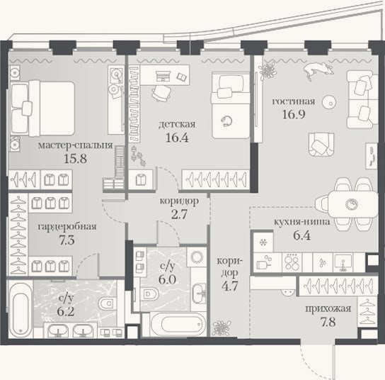 Планировка: 2-к, 90,2 м²