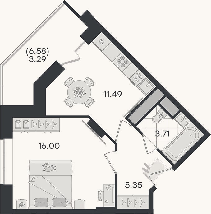 Планировка: 1-к, 36,6 м²