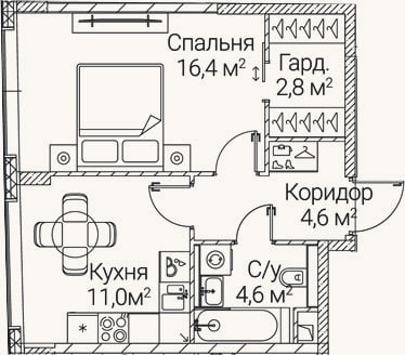 Планировка: 1-к, 39,4 м²