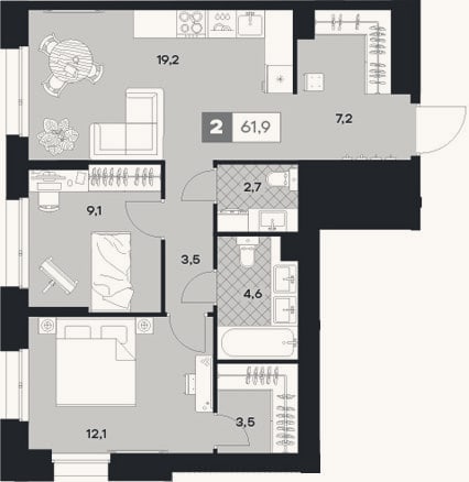 Планировка: 2-к, 61,9 м²