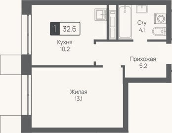 Планировка: 1-к, 32,6 м²
