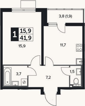 Планировка: 1-к, 41 м²