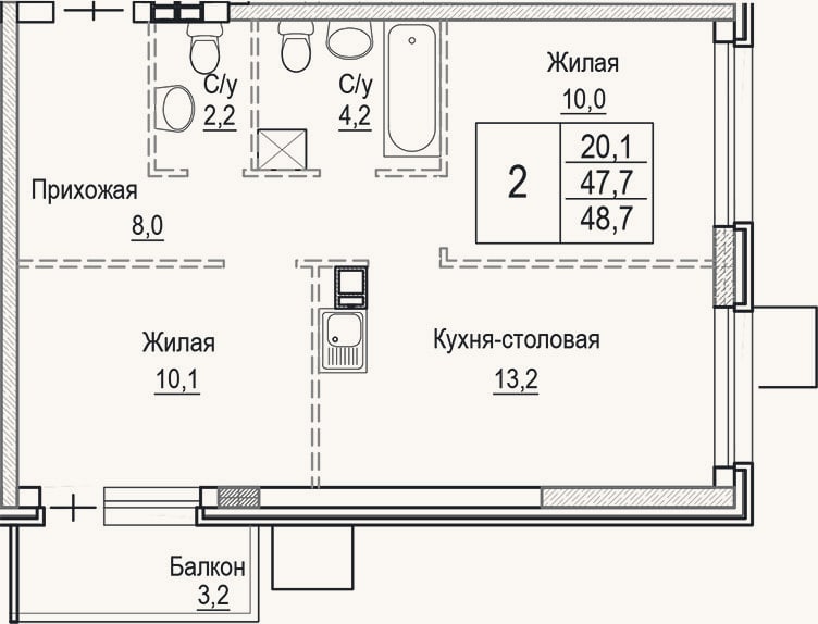 Планировка: 3-к, 47,7 м²