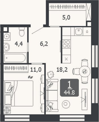 Планировка: 2-к, 44,8 м²