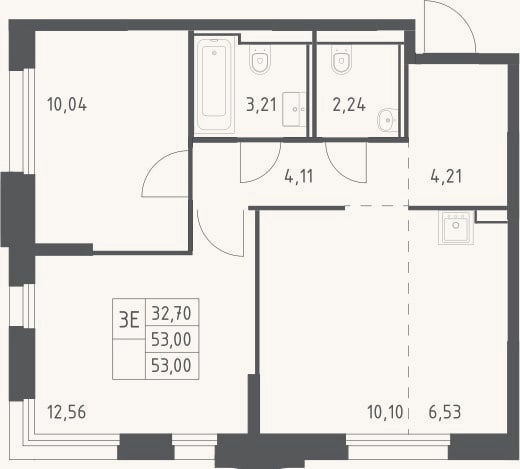 Планировка: 3-к, 53 м²