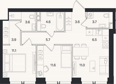 Планировка: 3-к, 65,3 м²