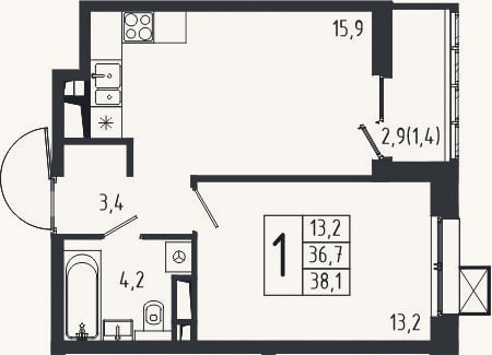 Планировка: 1-к, 36,7 м²