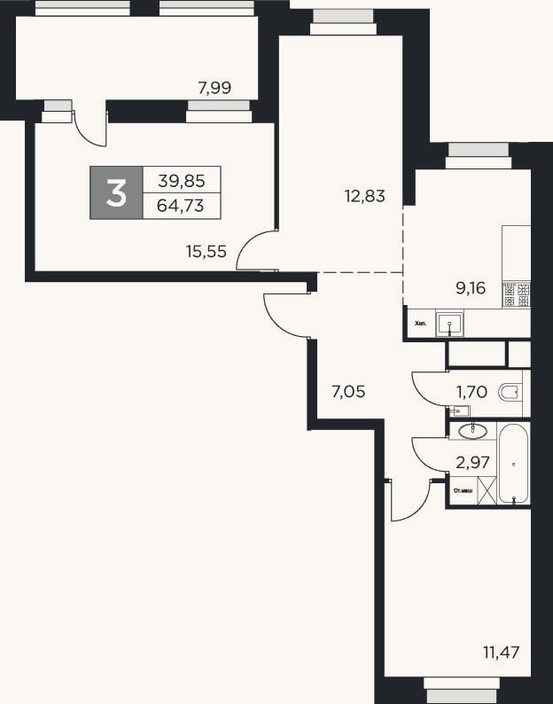 Планировка: 3-к, 60,7 м²
