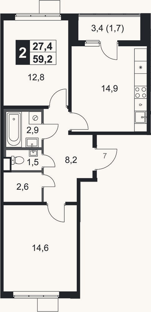 Планировка: 2-к, 57,5 м²