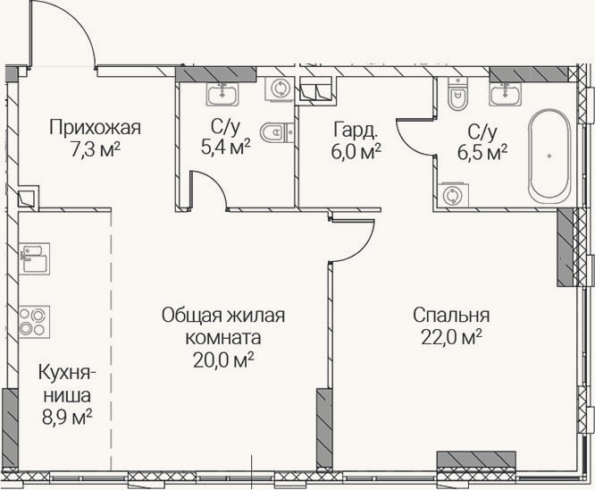 Планировка: 2-к, 76,1 м²