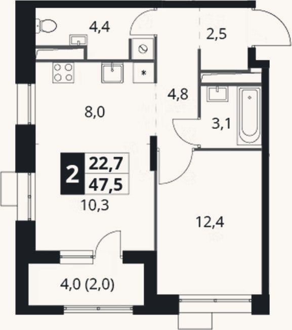 Планировка: 2-к, 45,5 м²
