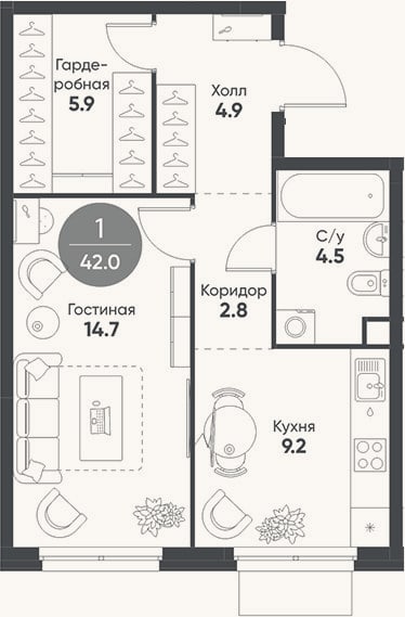 Планировка: 1-к, 42 м²