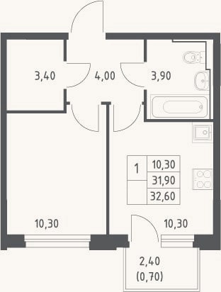Планировка: 1-к, 31,9 м²
