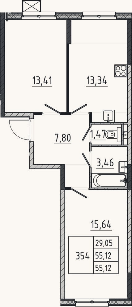 Планировка: 2-к, 55,1 м²