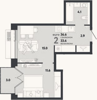 Планировка: 2-к, 33,6 м²