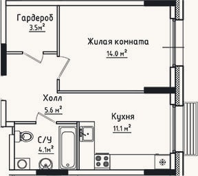 Планировка: 1-к, 38,3 м²