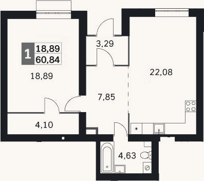 Планировка: 2-к, 60,8 м²