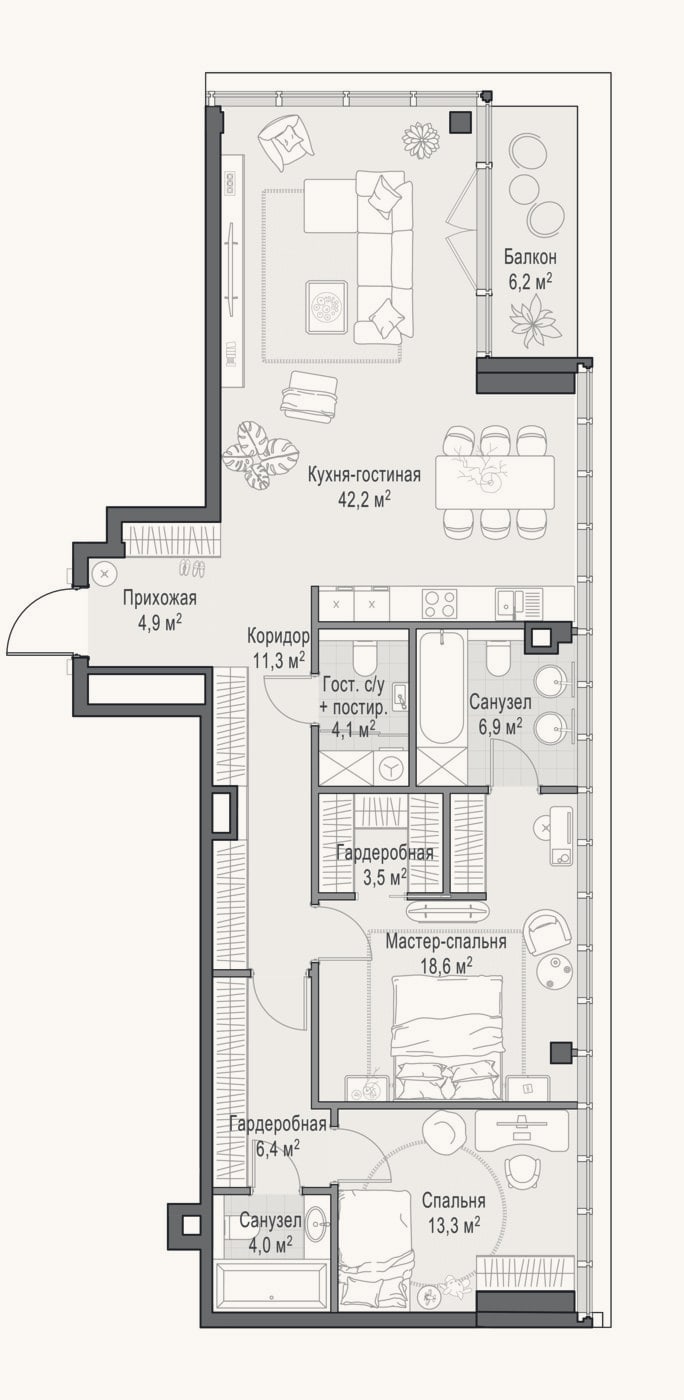 Планировка: 3-к, 117,9 м²