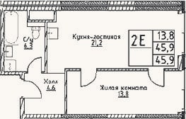 Планировка: 2-к, 45,9 м²