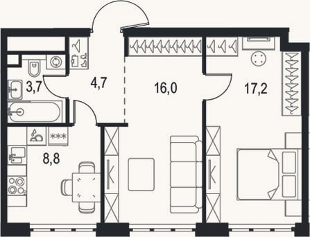 Планировка: 2-к, 50,4 м²