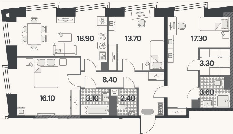 Планировка: 4+ к, 86,8 м²