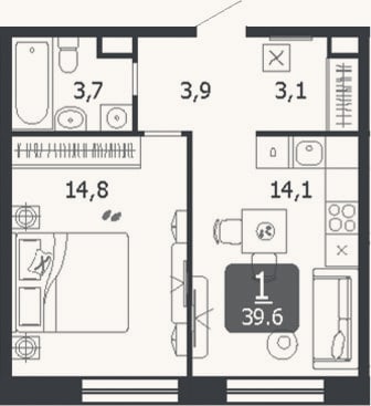 Планировка: 1-к, 39,6 м²
