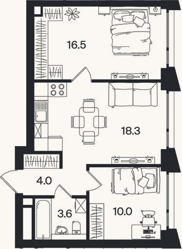 Планировка: 3-к, 52,4 м²