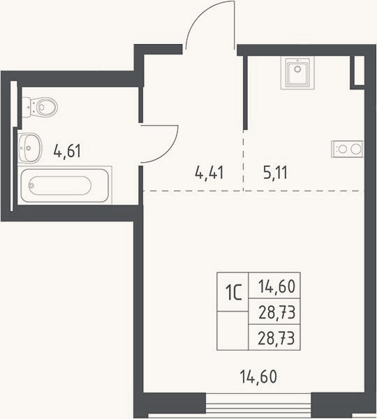 Планировка: Студия, 28,7 м²