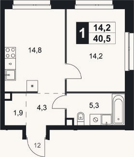 Планировка: 1-к, 40,5 м²