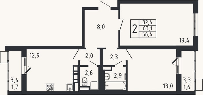 Планировка: 2-к, 63,1 м²