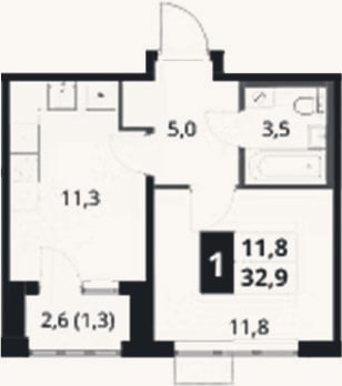 Планировка: 1-к, 31,6 м²