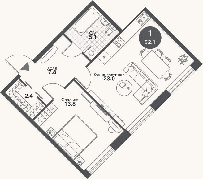 Планировка: 2-к, 52,1 м²
