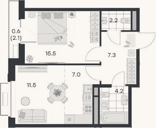 Планировка: 2-к, 47,7 м²