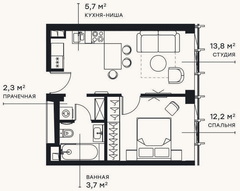 Планировка: 2-к, 37,6 м²