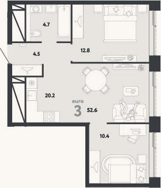Планировка: 3-к, 52,6 м²