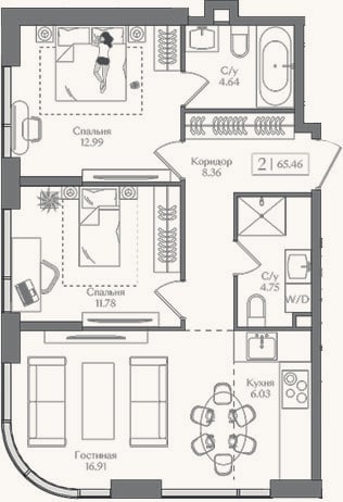 Планировка: 3-к, 65,5 м²