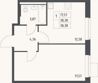 Планировка: 1-к, 38,4 м²