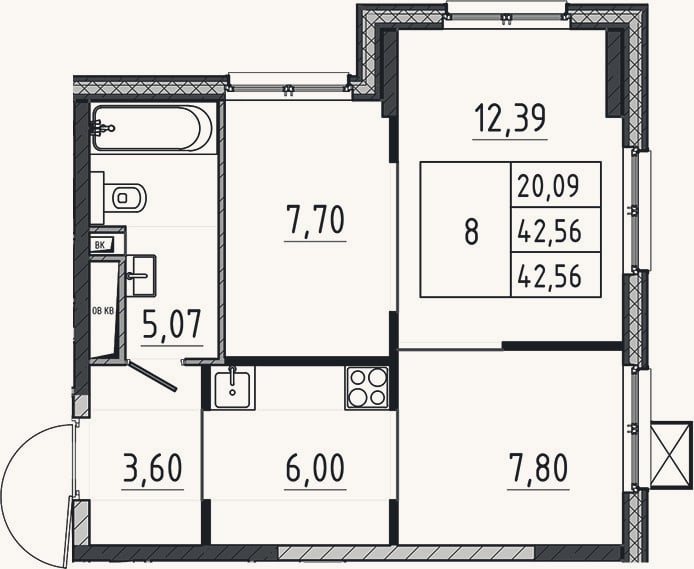 Планировка: 2-к, 42,6 м²