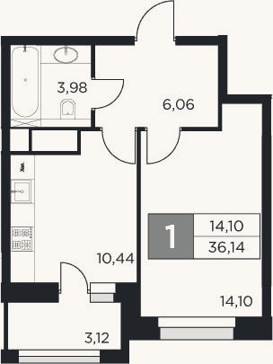 Планировка: 1-к, 34,6 м²