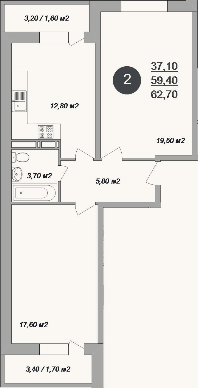 Планировка: 2-к, 59,4 м²