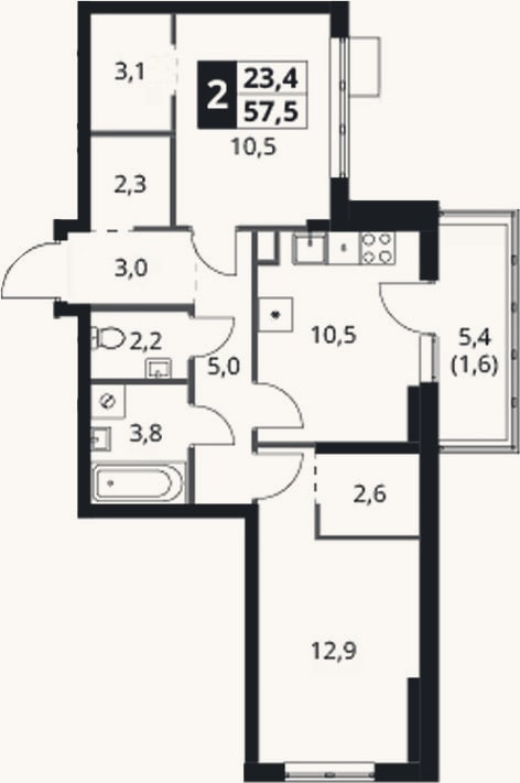 Планировка: 2-к, 55,9 м²