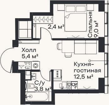 Планировка: 2-к, 33,1 м²