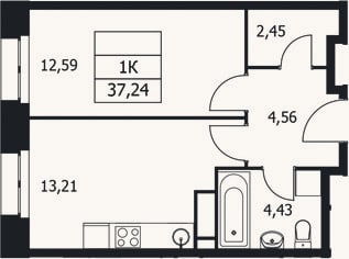 Планировка: 1-к, 37,2 м²