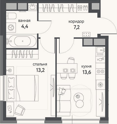Планировка: 1-к, 38,4 м²